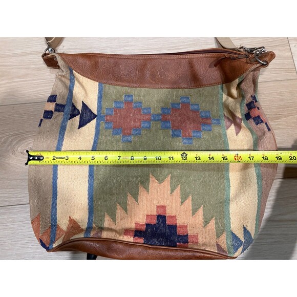 vintage Large Boho Tote Bag Crossbody Strap Aztec Weave Brown Leather Trim - Picture 3 of 7